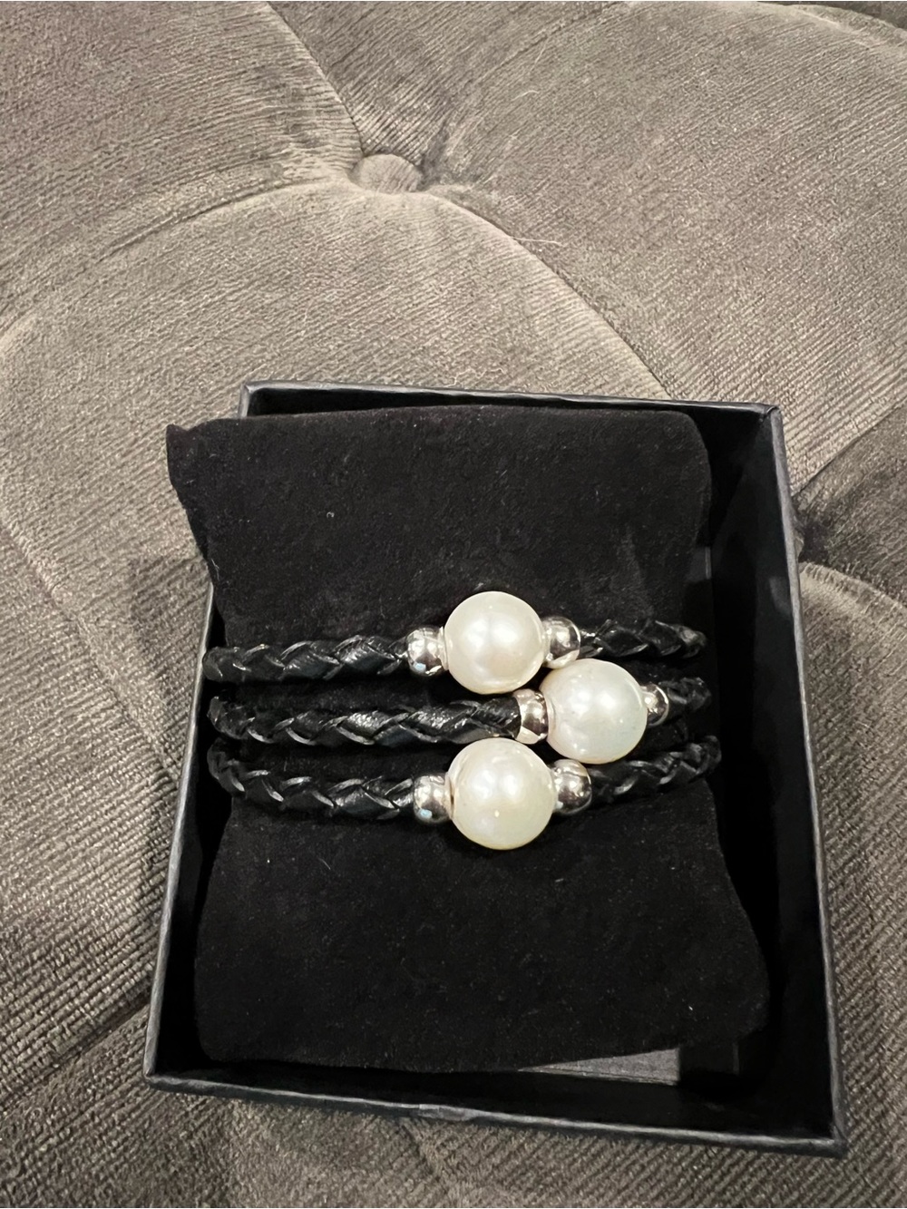 Fresh Water Pearl & Black Braided Leather Bracelet with Stainless Steel Accents